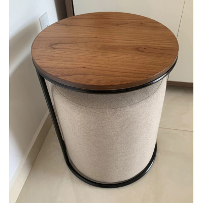 Kit Pouf  CAMELIA  en lin beige + table d'appoint