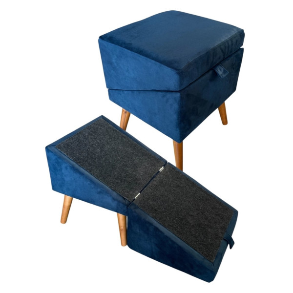 Tabouret  en  tissu de haute qualité bleu  avec rampe pour animaux (rampe de canapé)