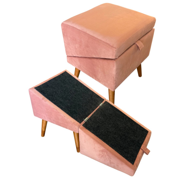 Tabouret  en  tissu de haute qualité velours saumon avec rampe pour animaux (rampe de canapé)